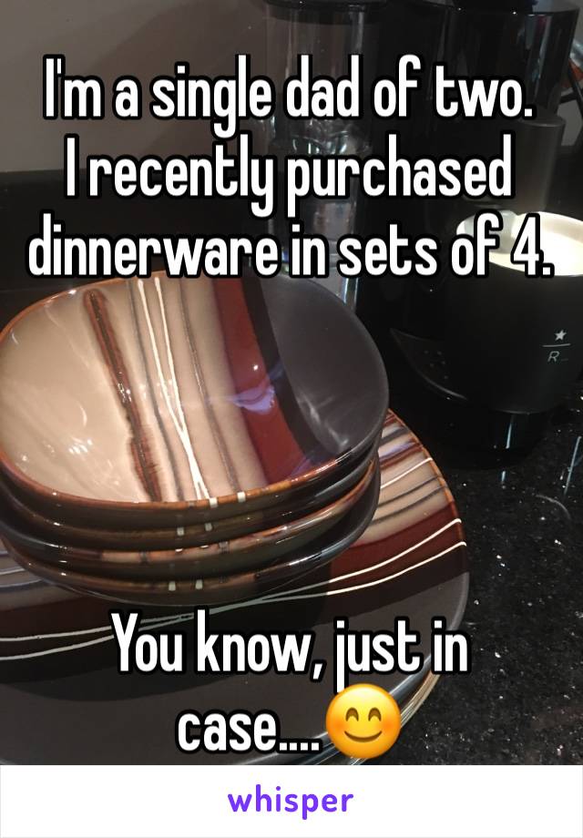 I'm a single dad of two.
I recently purchased dinnerware in sets of 4.




You know, just in case....😊