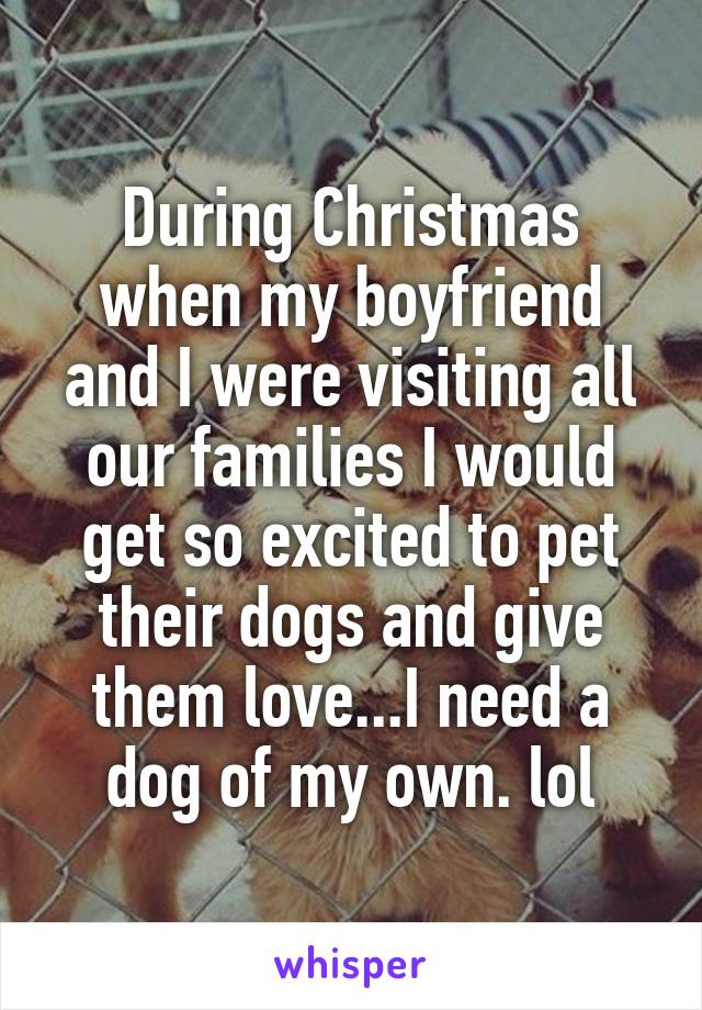 During Christmas when my boyfriend and I were visiting all our families I would get so excited to pet their dogs and give them love...I need a dog of my own. lol