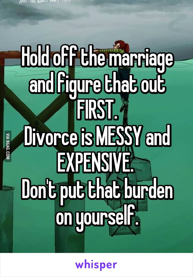 Hold off the marriage and figure that out FIRST.
Divorce is MESSY and EXPENSIVE. 
Don't put that burden on yourself.
