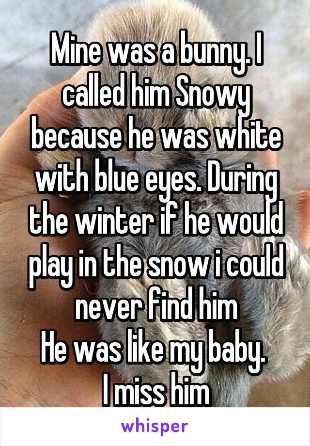 Mine was a bunny. I called him Snowy because he was white with blue eyes. During the winter if he would play in the snow i could never find him
He was like my baby. 
I miss him