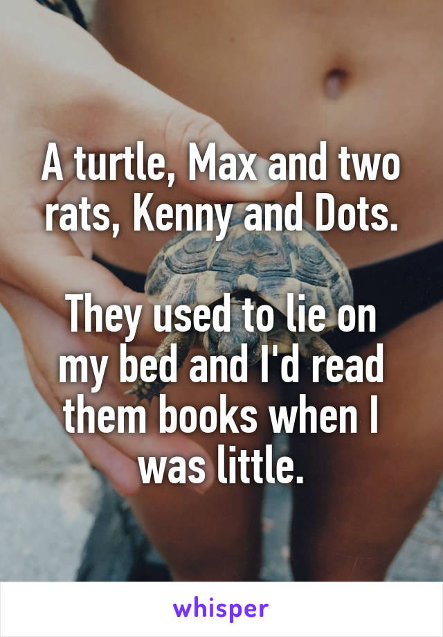 A turtle, Max and two rats, Kenny and Dots.

They used to lie on my bed and I'd read them books when I was little.