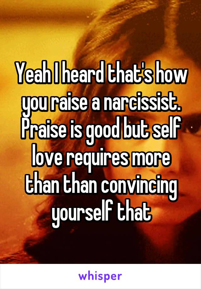 Yeah I heard that's how you raise a narcissist. Praise is good but self love requires more than than convincing yourself that