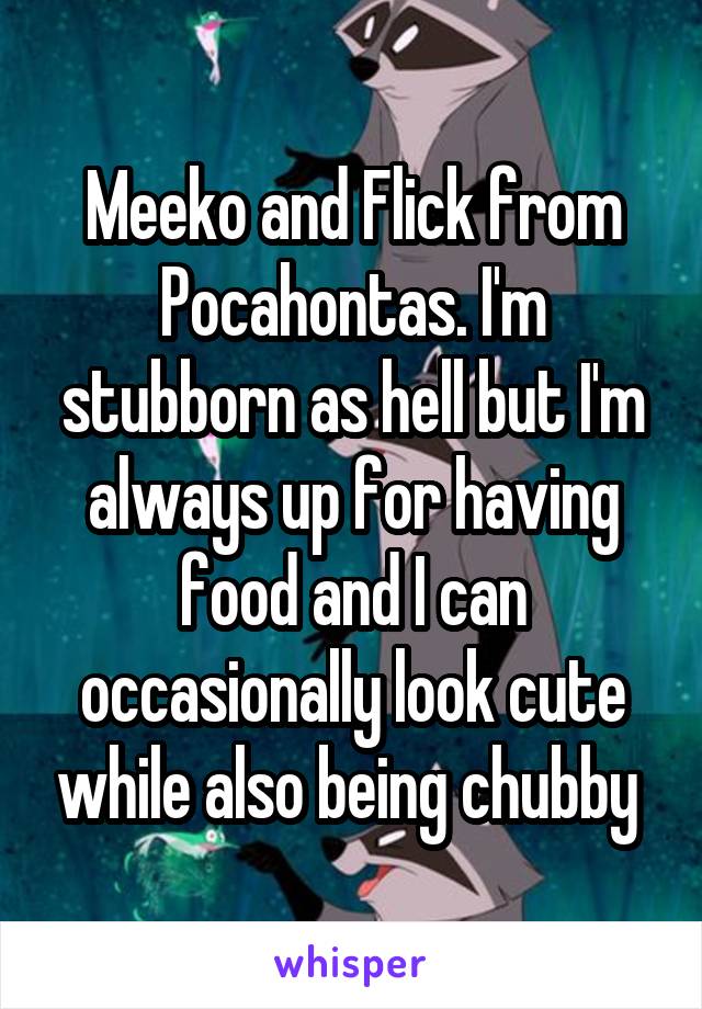 Meeko and Flick from Pocahontas. I'm stubborn as hell but I'm always up for having food and I can occasionally look cute while also being chubby 