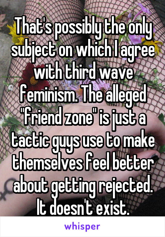 That's possibly the only subject on which I agree with third wave feminism. The alleged "friend zone" is just a tactic guys use to make themselves feel better about getting rejected. It doesn't exist.