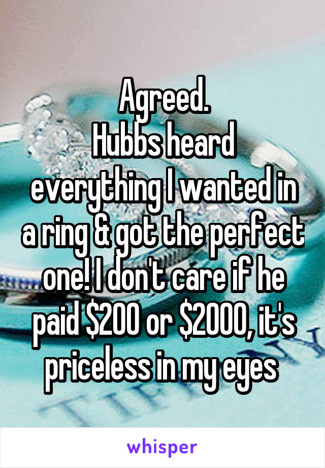 Agreed.
Hubbs heard everything I wanted in a ring & got the perfect one! I don't care if he paid $200 or $2000, it's priceless in my eyes 
