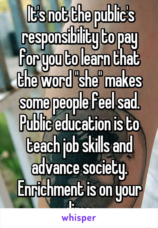  It's not the public's responsibility to pay for you to learn that the word "she" makes some people feel sad. Public education is to teach job skills and advance society. Enrichment is on your dime.