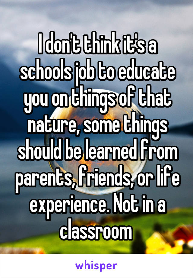 I don't think it's a schools job to educate you on things of that nature, some things should be learned from parents, friends, or life experience. Not in a classroom 