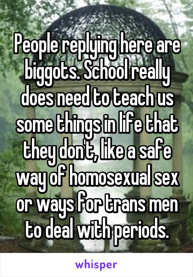 People replying here are biggots. School really does need to teach us some things in life that they don't, like a safe way of homosexual sex or ways for trans men to deal with periods.