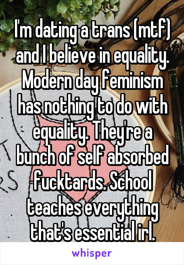 I'm dating a trans (mtf) and I believe in equality. Modern day feminism has nothing to do with equality. They're a bunch of self absorbed fucktards. School teaches everything that's essential irl.