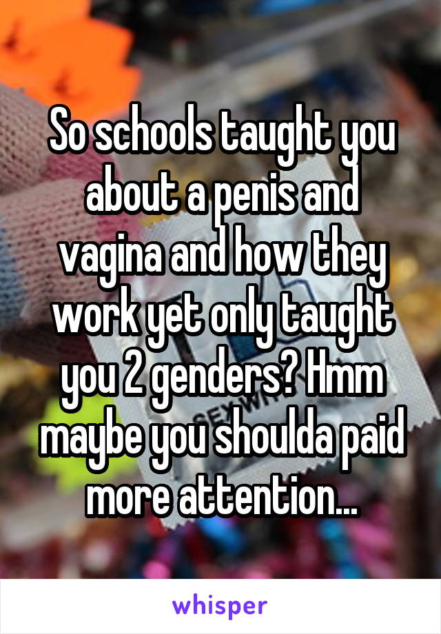 So schools taught you about a penis and vagina and how they work yet only taught you 2 genders? Hmm maybe you shoulda paid more attention...