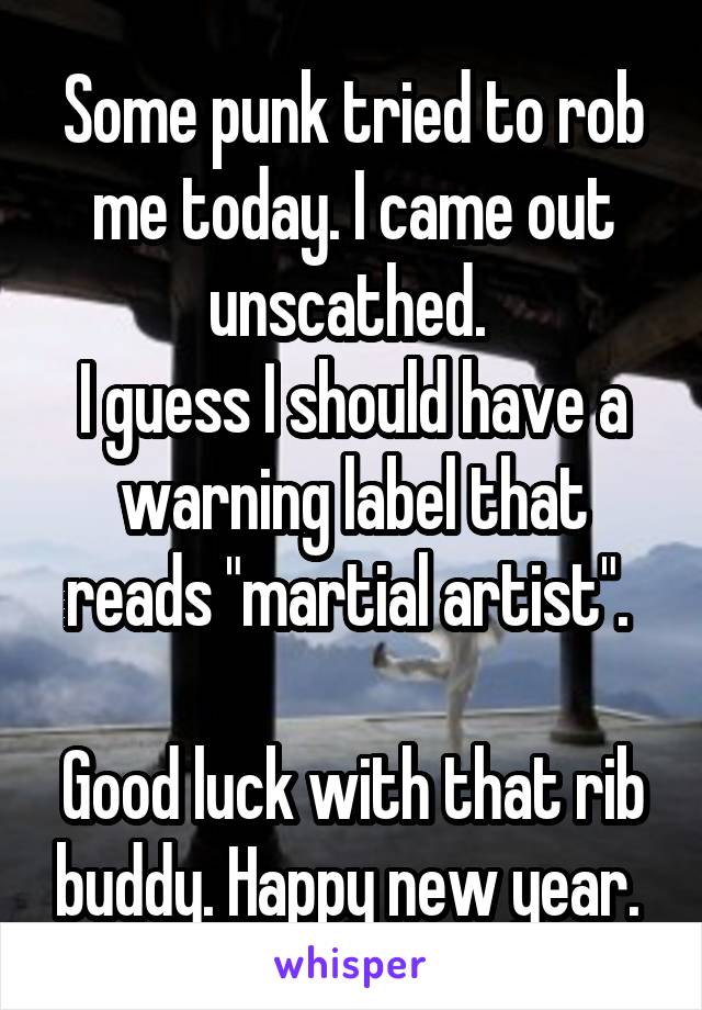 Some punk tried to rob me today. I came out unscathed. 
I guess I should have a warning label that reads "martial artist". 

Good luck with that rib buddy. Happy new year. 