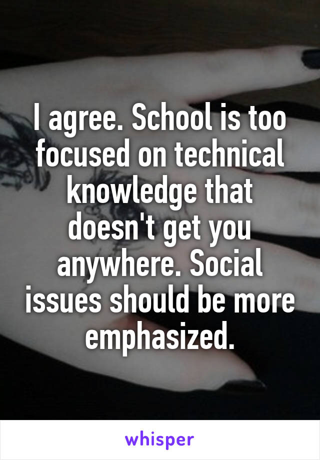 I agree. School is too focused on technical knowledge that doesn't get you anywhere. Social issues should be more emphasized.