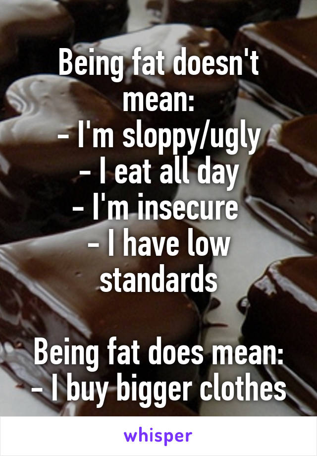Being fat doesn't mean:
- I'm sloppy/ugly
- I eat all day
- I'm insecure 
- I have low standards

Being fat does mean:
- I buy bigger clothes