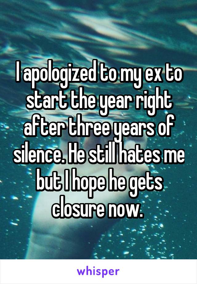 I apologized to my ex to start the year right after three years of silence. He still hates me but I hope he gets closure now. 