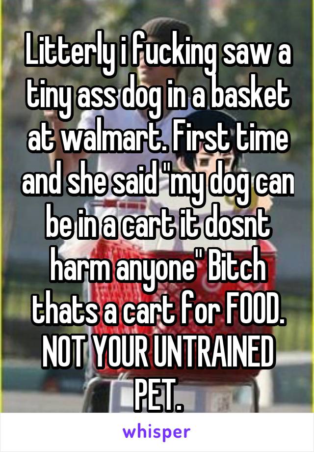 Litterly i fucking saw a tiny ass dog in a basket at walmart. First time and she said "my dog can be in a cart it dosnt harm anyone" Bitch thats a cart for FOOD. NOT YOUR UNTRAINED PET.