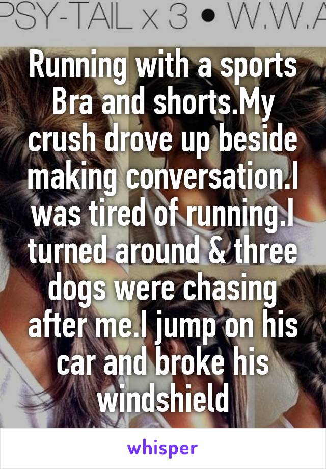 Running with a sports Bra and shorts.My crush drove up beside making conversation.I was tired of running.I turned around & three dogs were chasing after me.I jump on his car and broke his windshield