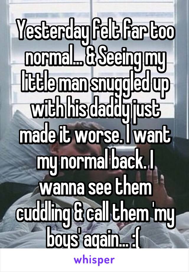 Yesterday felt far too normal... & Seeing my little man snuggled up with his daddy just made it worse. I want my normal back. I wanna see them cuddling & call them 'my boys' again... :( 