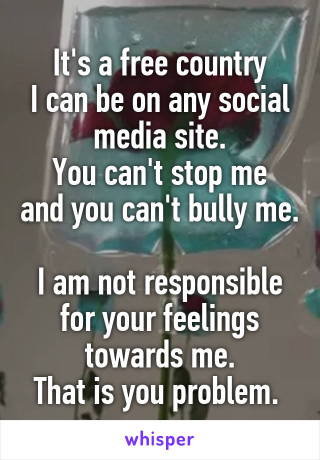 It's a free country
I can be on any social media site.
You can't stop me and you can't bully me. 
I am not responsible for your feelings towards me.
That is you problem. 