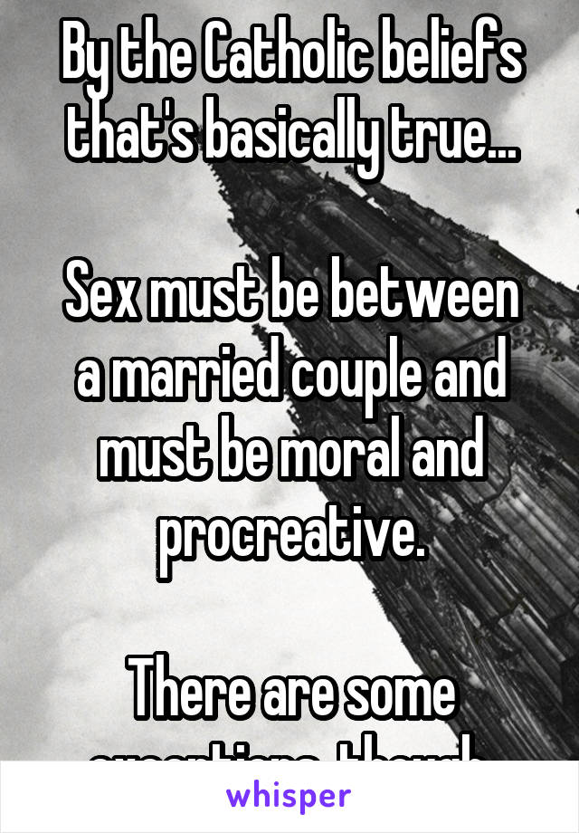 By the Catholic beliefs that's basically true...

Sex must be between a married couple and must be moral and procreative.

There are some exceptions, though.