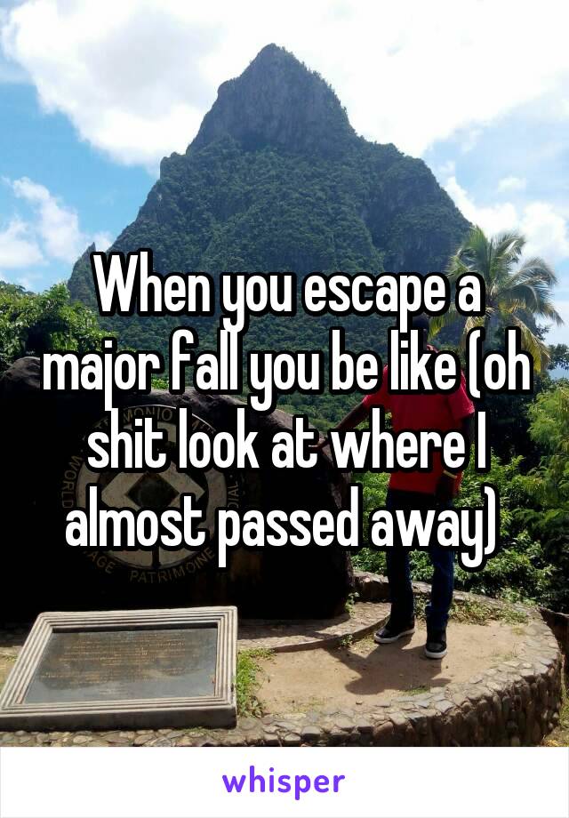 When you escape a major fall you be like (oh shit look at where I almost passed away) 