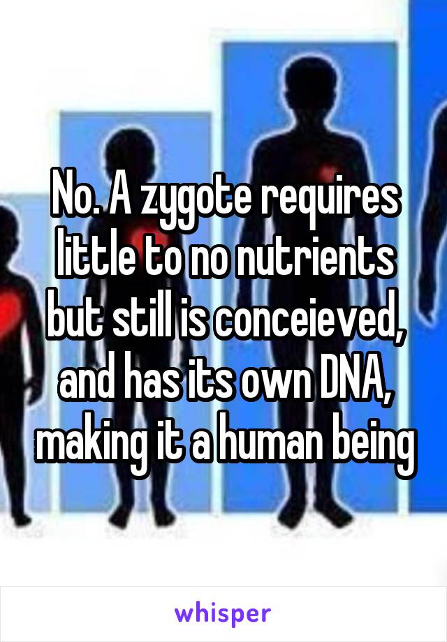 No. A zygote requires little to no nutrients but still is conceieved, and has its own DNA, making it a human being