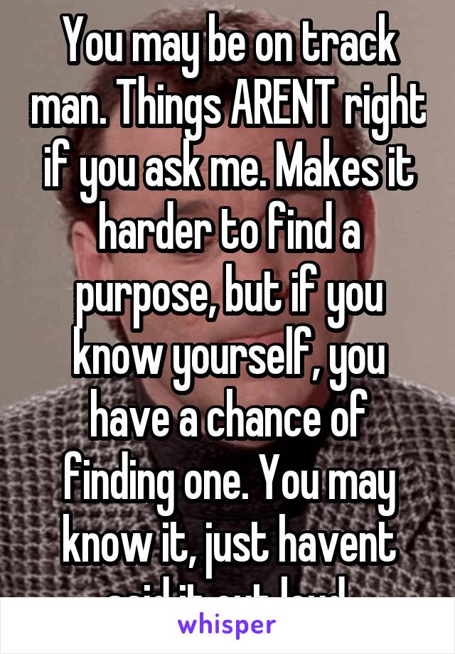 You may be on track man. Things ARENT right if you ask me. Makes it harder to find a purpose, but if you know yourself, you have a chance of finding one. You may know it, just havent said it out loud.