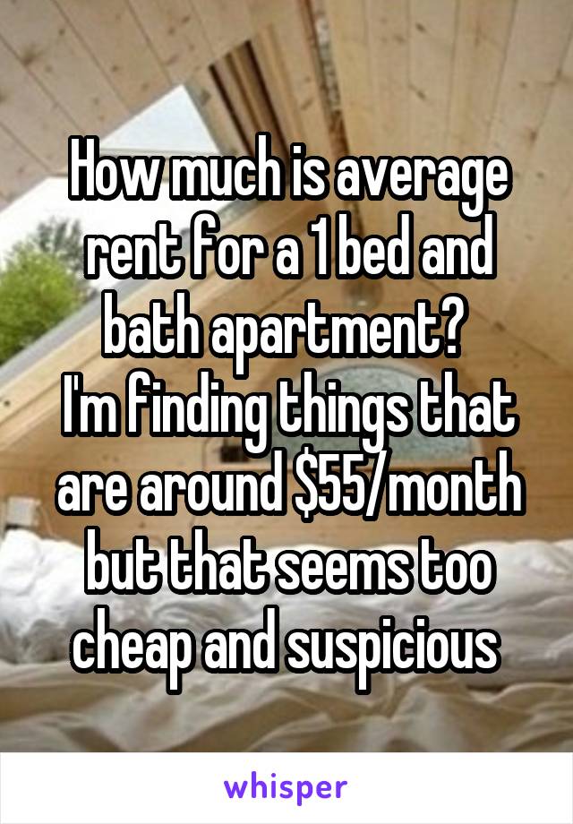 How much is average rent for a 1 bed and bath apartment? 
I'm finding things that are around $55/month but that seems too cheap and suspicious 