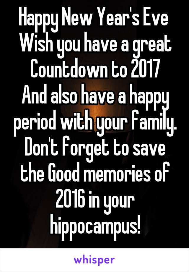 Happy New Year's Eve 
Wish you have a great Countdown to 2017
And also have a happy period with your family. Don't forget to save the Good memories of 2016 in your hippocampus!
