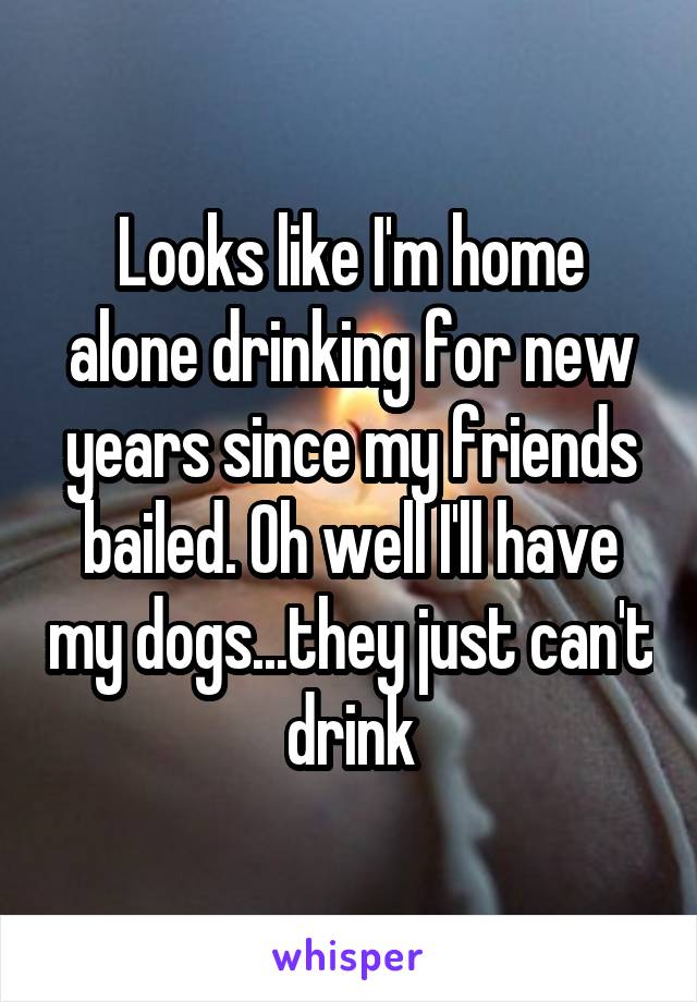 Looks like I'm home alone drinking for new years since my friends bailed. Oh well I'll have my dogs...they just can't drink