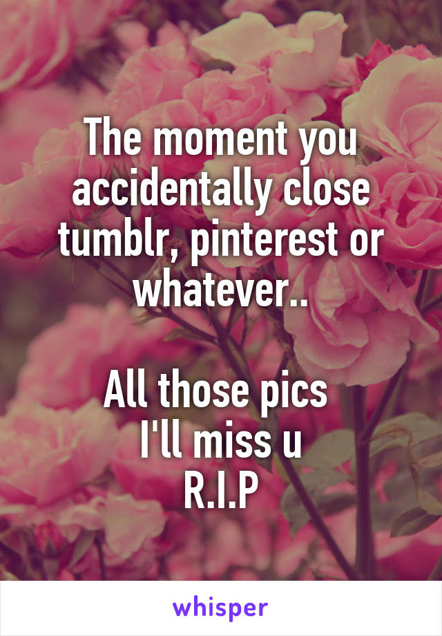 The moment you accidentally close tumblr, pinterest or whatever..

All those pics 
I'll miss u
R.I.P