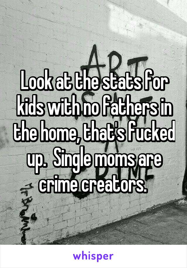 Look at the stats for kids with no fathers in the home, that's fucked up.  Single moms are crime creators. 