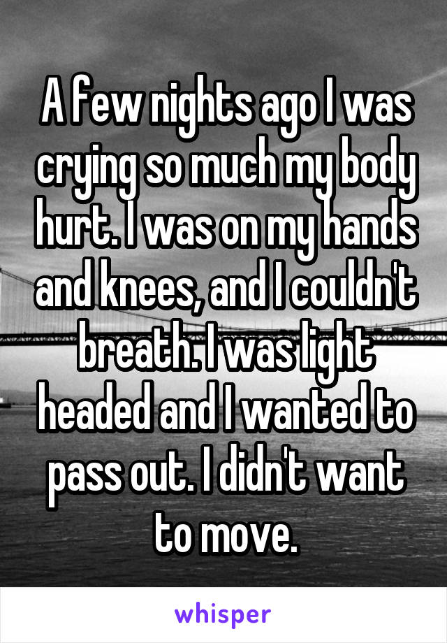 A few nights ago I was crying so much my body hurt. I was on my hands and knees, and I couldn't breath. I was light headed and I wanted to pass out. I didn't want to move.