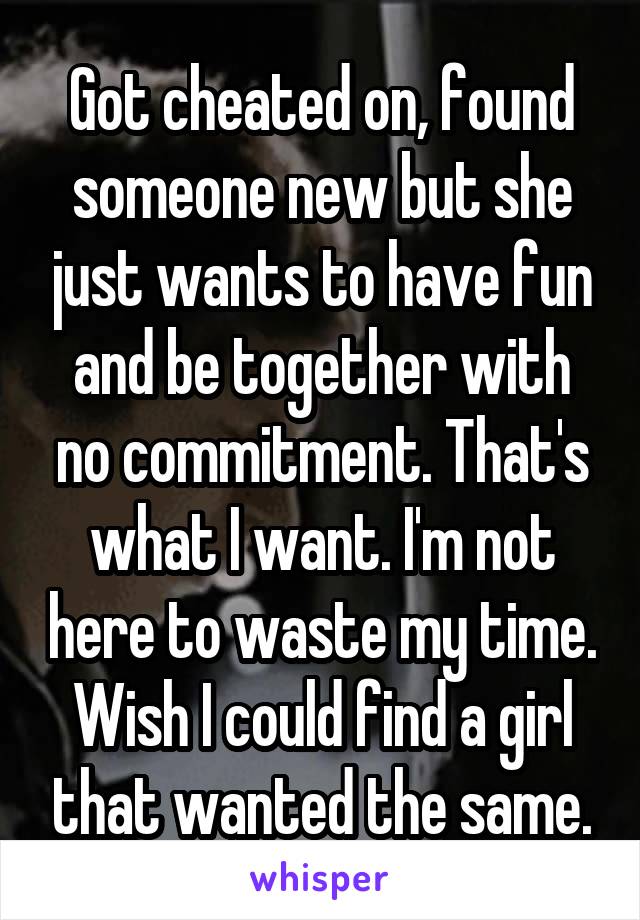 Got cheated on, found someone new but she just wants to have fun and be together with no commitment. That's what I want. I'm not here to waste my time. Wish I could find a girl that wanted the same.