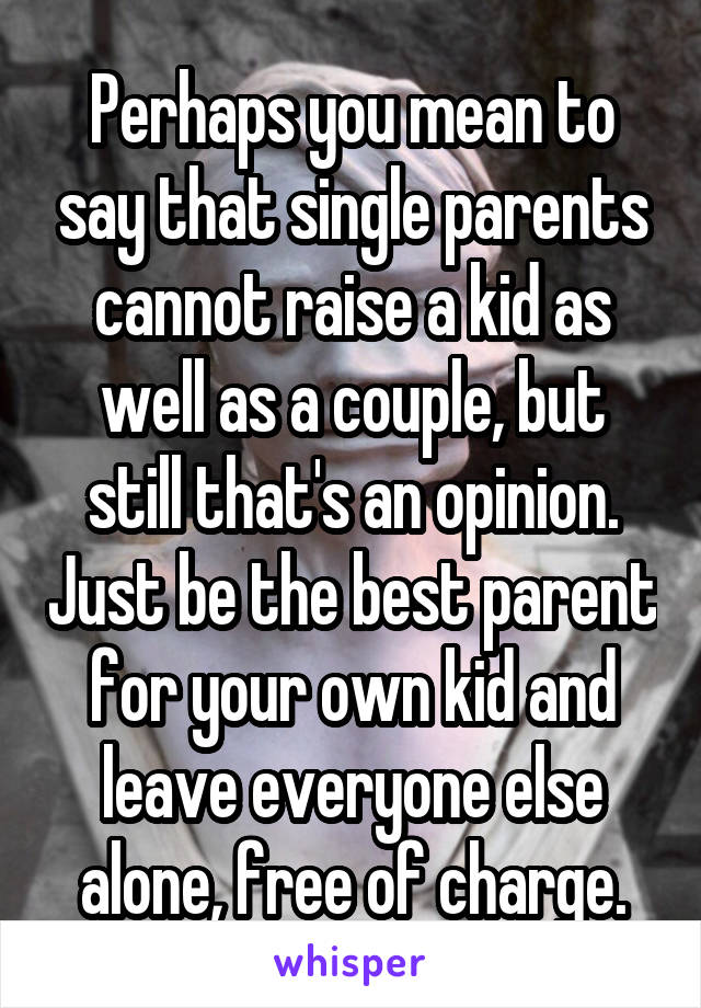 Perhaps you mean to say that single parents cannot raise a kid as well as a couple, but still that's an opinion. Just be the best parent for your own kid and leave everyone else alone, free of charge.