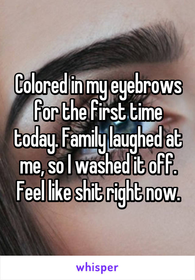 Colored in my eyebrows for the first time today. Family laughed at me, so I washed it off. Feel like shit right now.