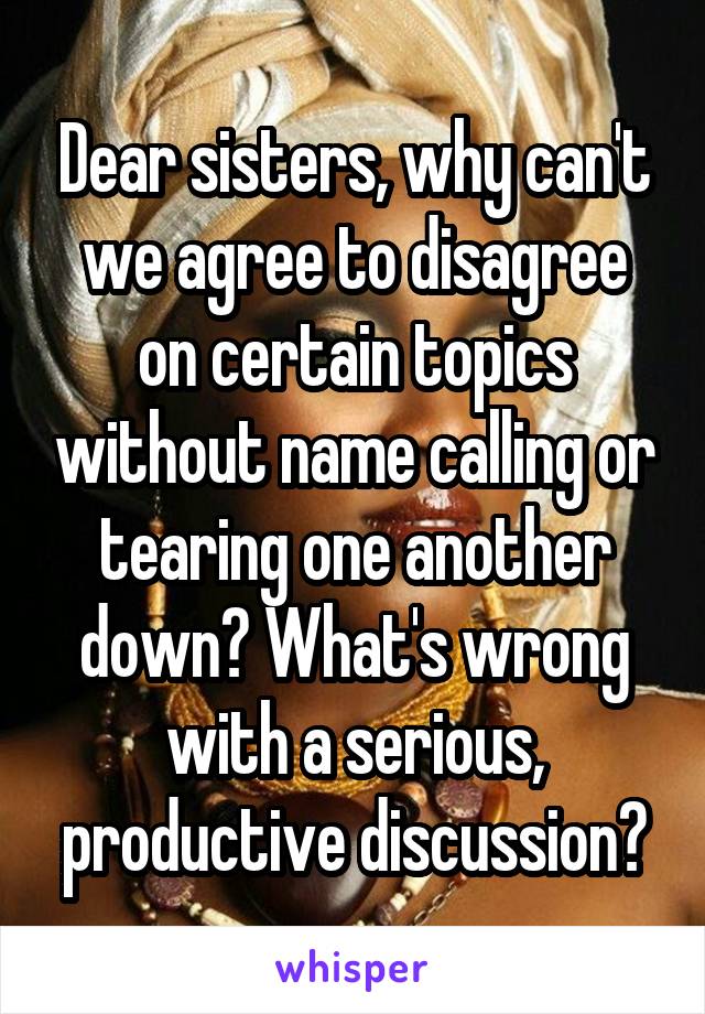 Dear sisters, why can't we agree to disagree on certain topics without name calling or tearing one another down? What's wrong with a serious, productive discussion?