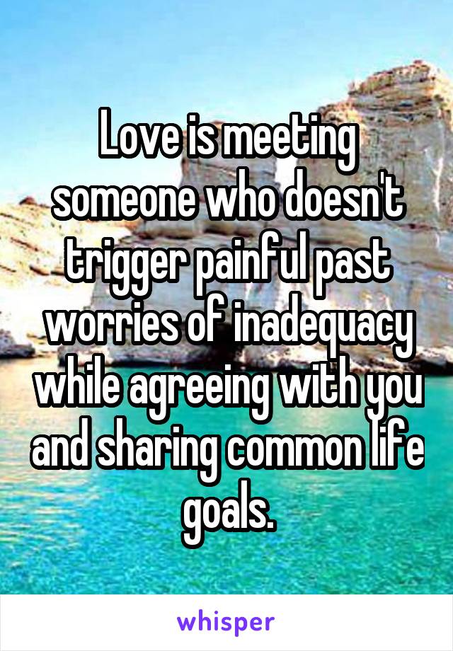 Love is meeting someone who doesn't trigger painful past worries of inadequacy while agreeing with you and sharing common life goals.