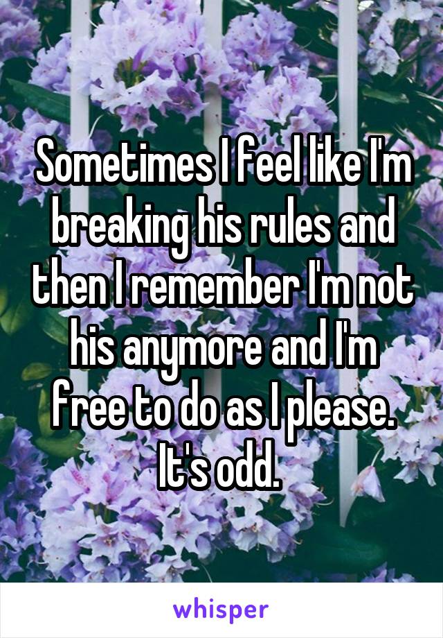 Sometimes I feel like I'm breaking his rules and then I remember I'm not his anymore and I'm free to do as I please. It's odd. 