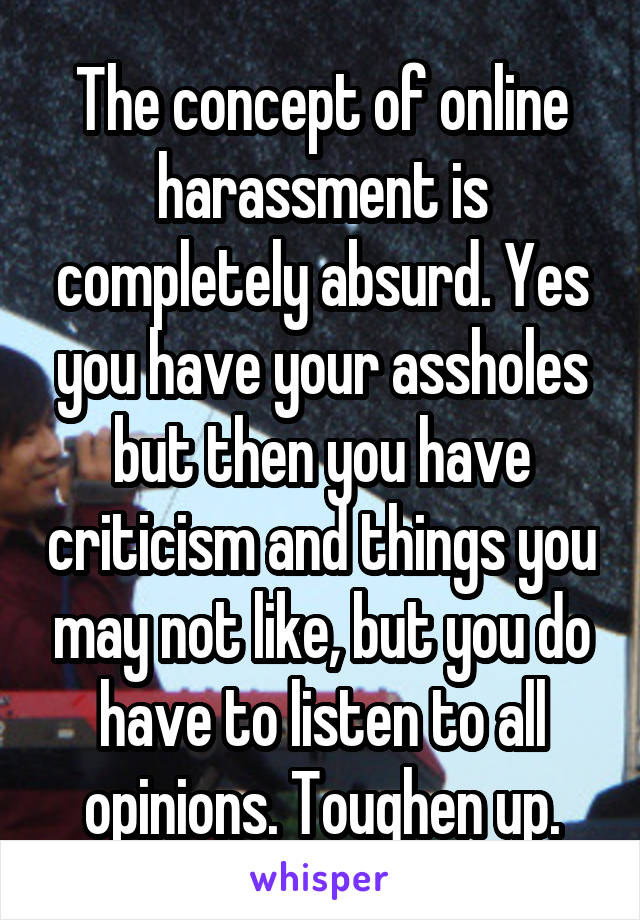 The concept of online harassment is completely absurd. Yes you have your assholes but then you have criticism and things you may not like, but you do have to listen to all opinions. Toughen up.