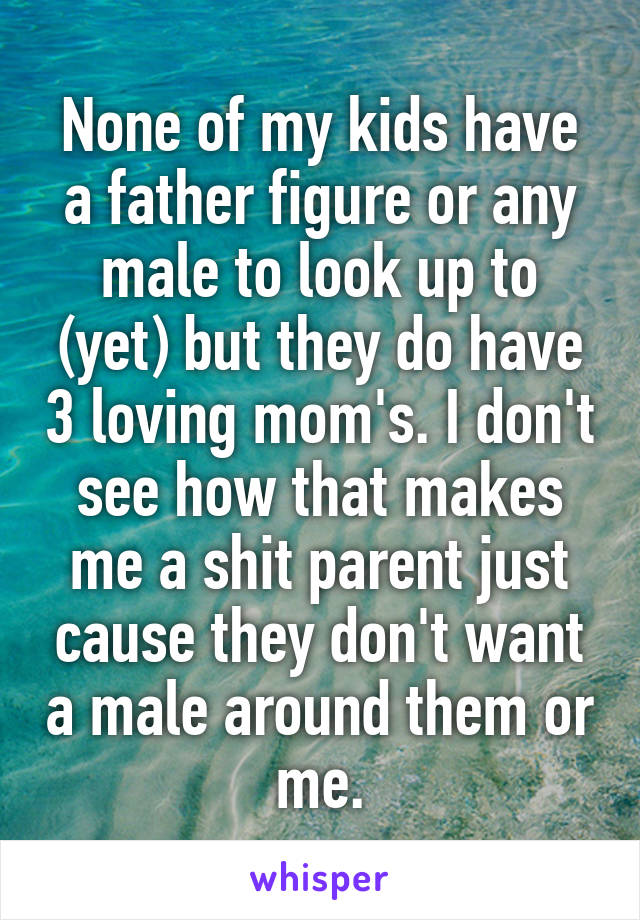 None of my kids have a father figure or any male to look up to (yet) but they do have 3 loving mom's. I don't see how that makes me a shit parent just cause they don't want a male around them or me.