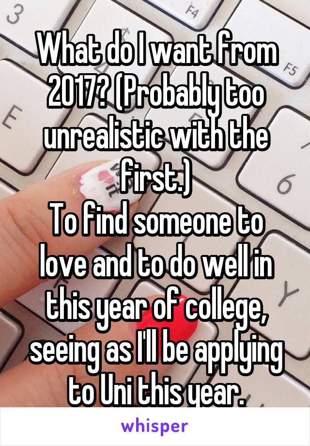 What do I want from 2017? (Probably too unrealistic with the first.)
To find someone to love and to do well in this year of college, seeing as I'll be applying to Uni this year.