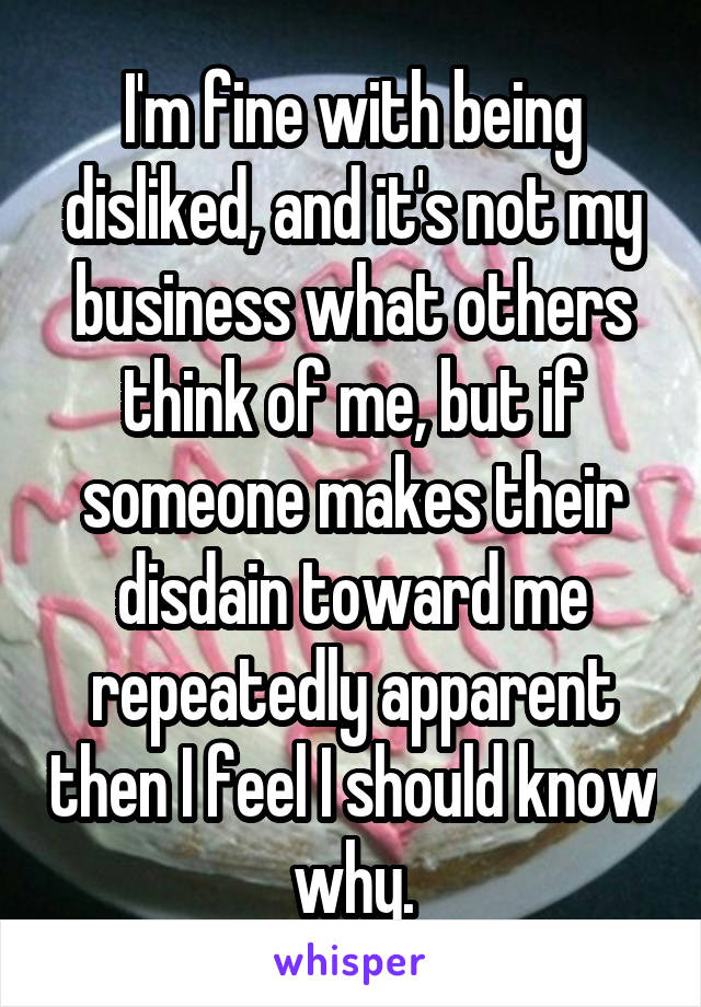 I'm fine with being disliked, and it's not my business what others think of me, but if someone makes their disdain toward me repeatedly apparent then I feel I should know why.