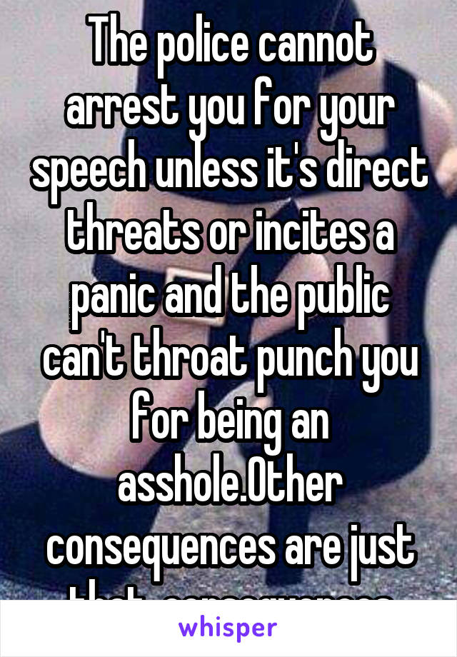 The police cannot arrest you for your speech unless it's direct threats or incites a panic and the public can't throat punch you for being an asshole.Other consequences are just that, consequences