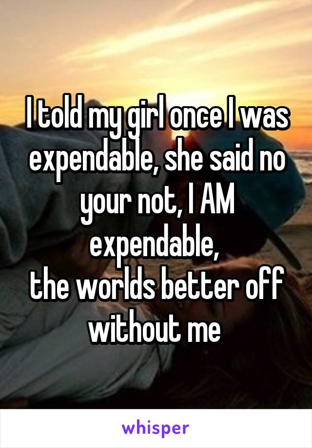 I told my girl once I was expendable, she said no your not, I AM expendable, 
the worlds better off without me 