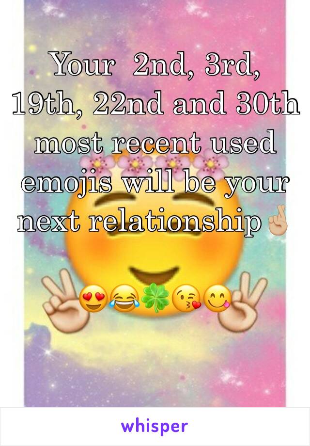 Your  2nd, 3rd, 19th, 22nd and 30th most recent used emojis will be your next relationship🤞🏼

😍😂🍀😘😋