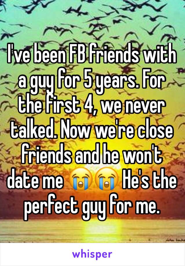 I've been FB friends with a guy for 5 years. For the first 4, we never talked. Now we're close friends and he won't date me 😭😭 He's the perfect guy for me. 