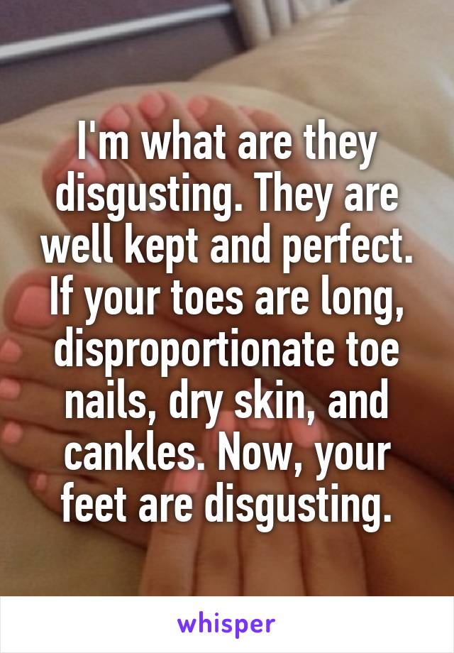 I'm what are they disgusting. They are well kept and perfect. If your toes are long, disproportionate toe nails, dry skin, and cankles. Now, your feet are disgusting.