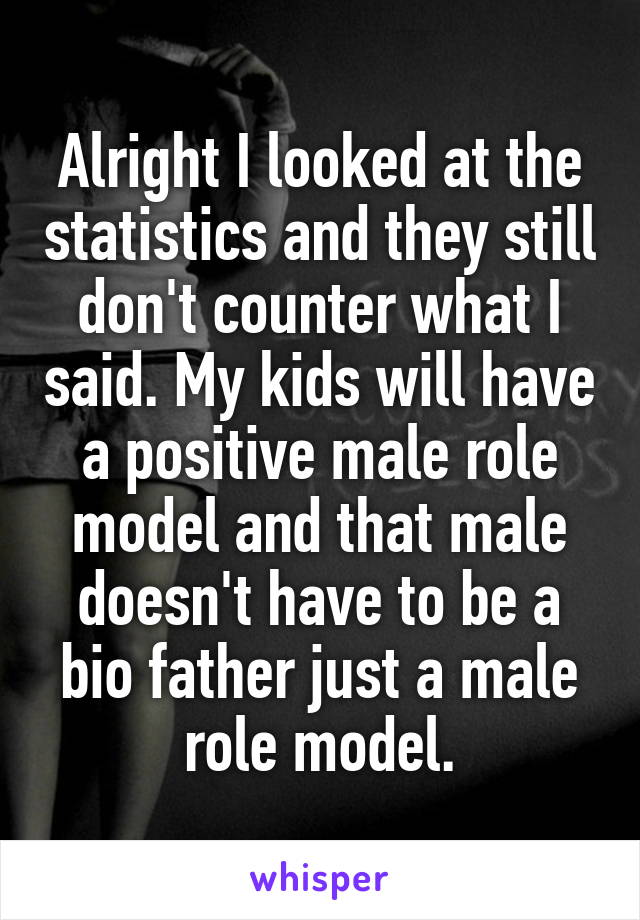 Alright I looked at the statistics and they still don't counter what I said. My kids will have a positive male role model and that male doesn't have to be a bio father just a male role model.