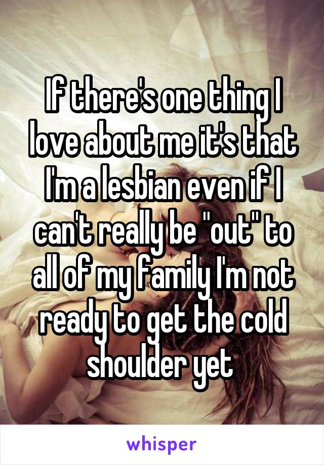 If there's one thing I love about me it's that I'm a lesbian even if I can't really be "out" to all of my family I'm not ready to get the cold shoulder yet 