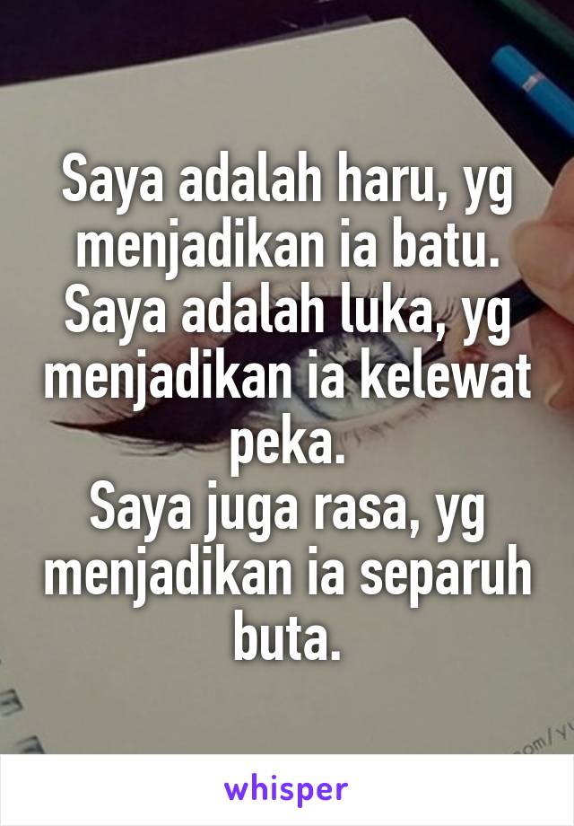 Saya adalah haru, yg menjadikan ia batu.
Saya adalah luka, yg menjadikan ia kelewat peka.
Saya juga rasa, yg menjadikan ia separuh buta.